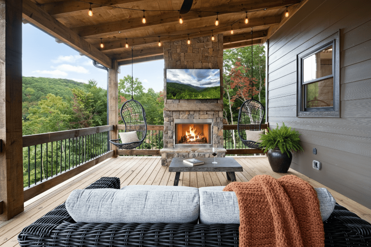 Fireplace, TV & Back Deck of SCCR Rental